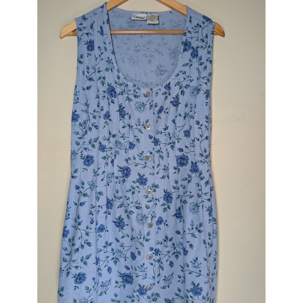 CAPACITY Vintage 90s Blue Floral Cotton Sleeveless Button Front Midi Dress M - Picture 4 of 8